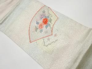 リサイクル　金駒刺繍地紙に花々・雲模様名古屋帯